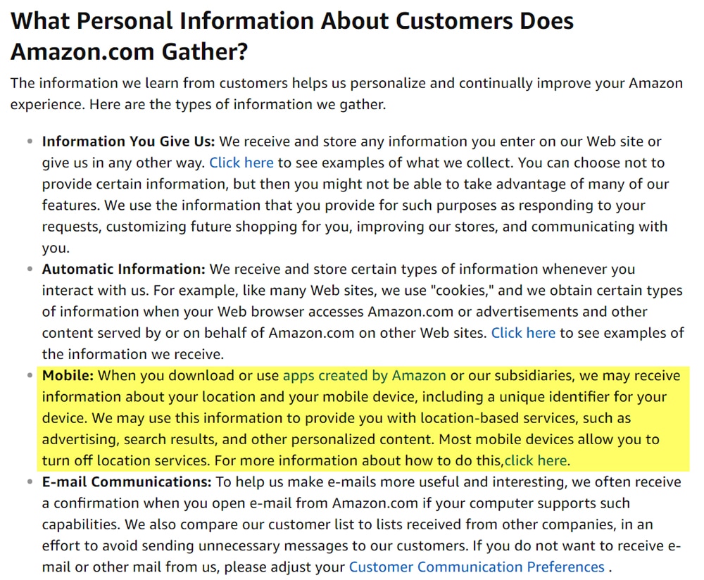 Amazon: HIghlighted mobile section in clause of Amazon's Privacy Policy What Personal Information about Customer Gather