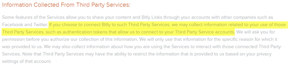 Bitly's Privacy Policy: Information collected from Third Party Services clause