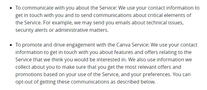 Canva's Privacy Policy: Commercial and marketing communication clause
