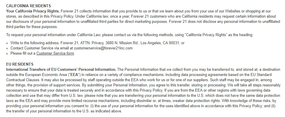 Forever 21 Privacy Policy: Area specific residents - California and EU
