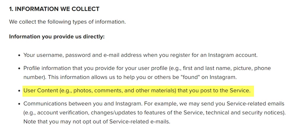 Instagram's Privacy Policy: Information we collect from user directly