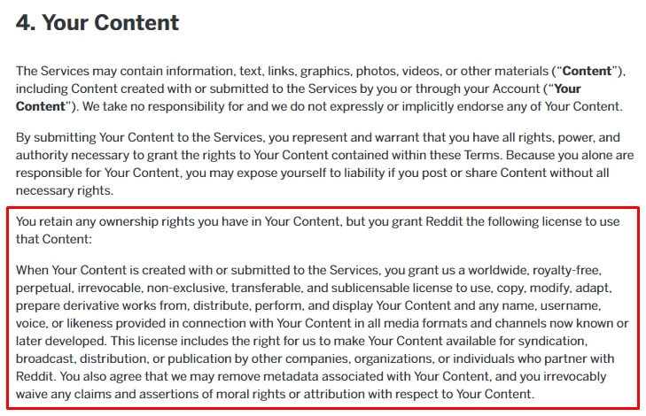 Reddit's User Agreement: Intellectual property and copyright highlighted in content clause