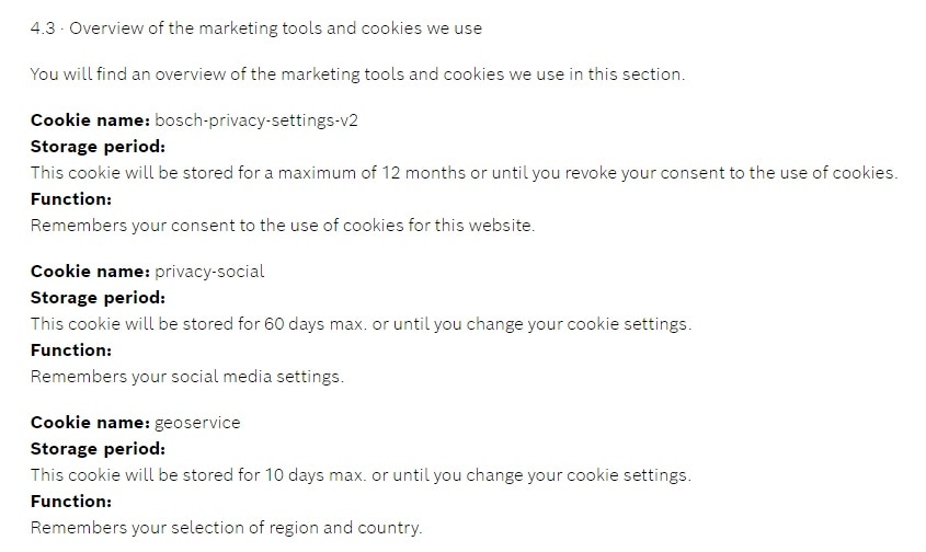 Bosch Data Protection Policy: Excerpt of Overview of Marketing Tools and Cookies clause