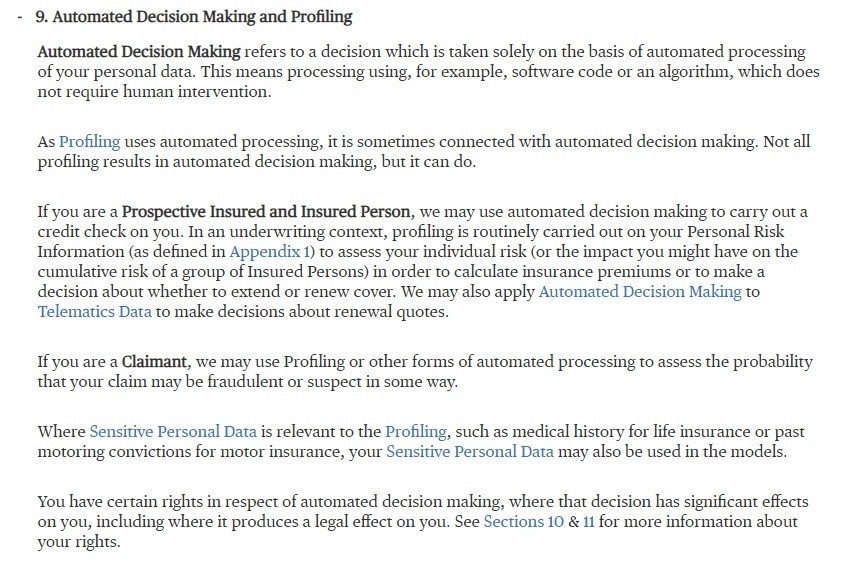 Chubb Privacy Policy: Automated Decision Making and Profiling clause