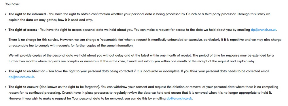Crunch Privacy Policy: Excerpt of Your Rights clause