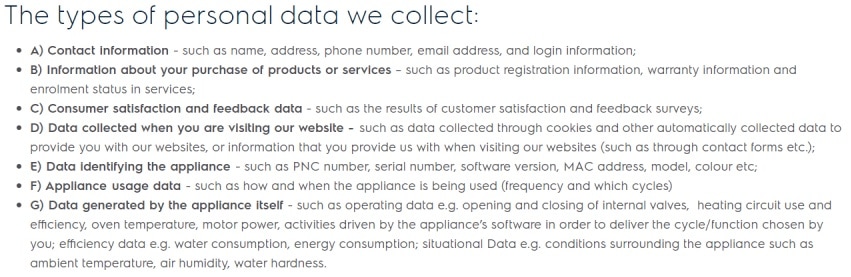Electrolux Data Privacy Statement: Types of personal data we collect clause