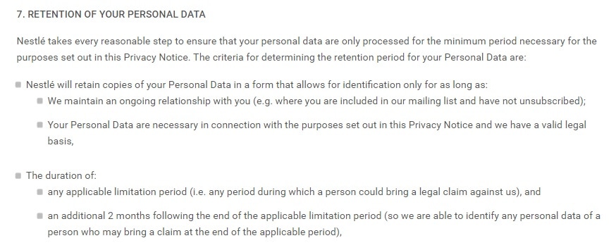 Nestle Privacy Policy: Retention of your personal data clause