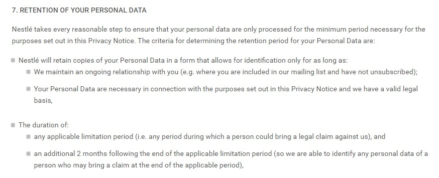 Nestle Privacy Policy: Retention of your personal data clause