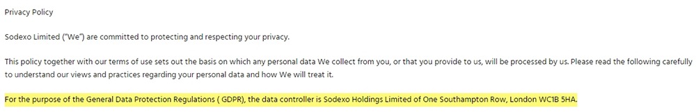 Peyton and Byrne Privacy Policy: Clause with data controller contact information