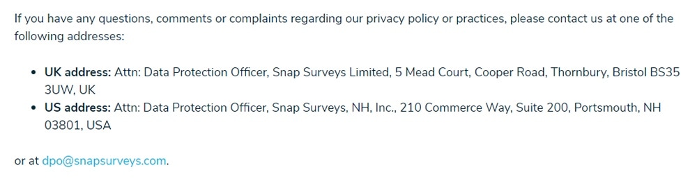 Snap Surveys Privacy Policy: Contact information clause