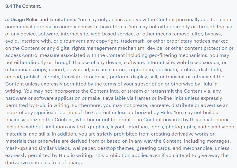 Hulu Terms of Use: Content - Usage Rules and Limitations clause