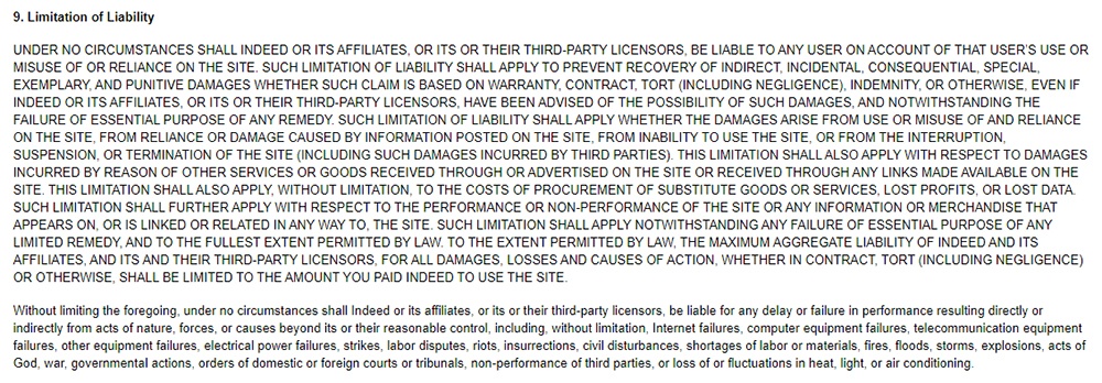 Indeed Terms of Service: Limitation of Liability clause